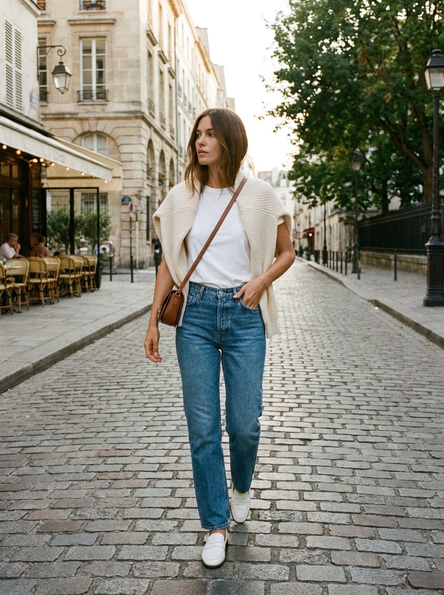 Straight Jeans mit weißem Shirt und Cardigan - Spätsommer Outfit